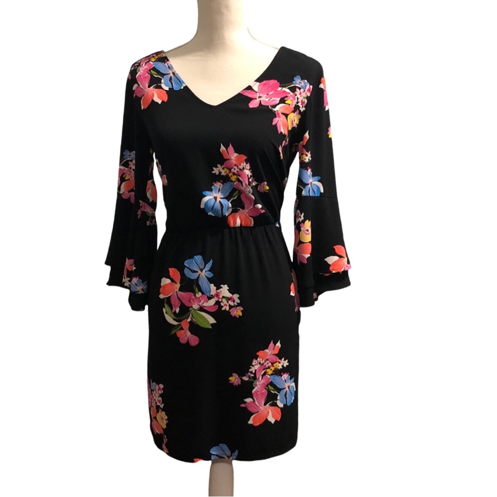 A New Day Floral Flutter Bell‎ Sleeve Midi Dress Small Black Pink Blue